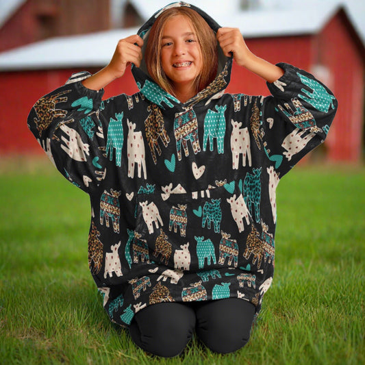 Livestock Show Cow All Over Print Youth Snoodie - Teal Aztec Print with Teal Hearts