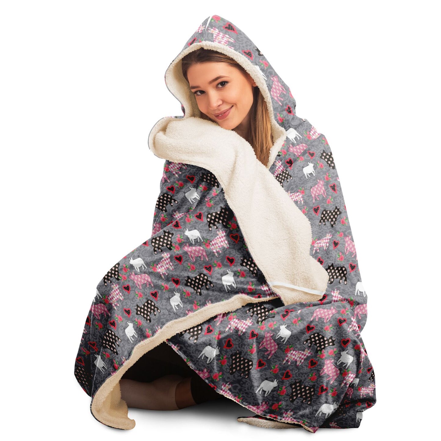 Cute Livestock Show Pigs with Hearts Hooded Blanket -All Over Print Hooded Throw