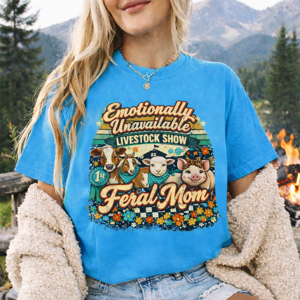 Feral Mom Livestock Show Shirt, Emotional Support Show Mom Tee, Cattle Goat Pig Lamb Graphic, Funny Farm Mom Shirt