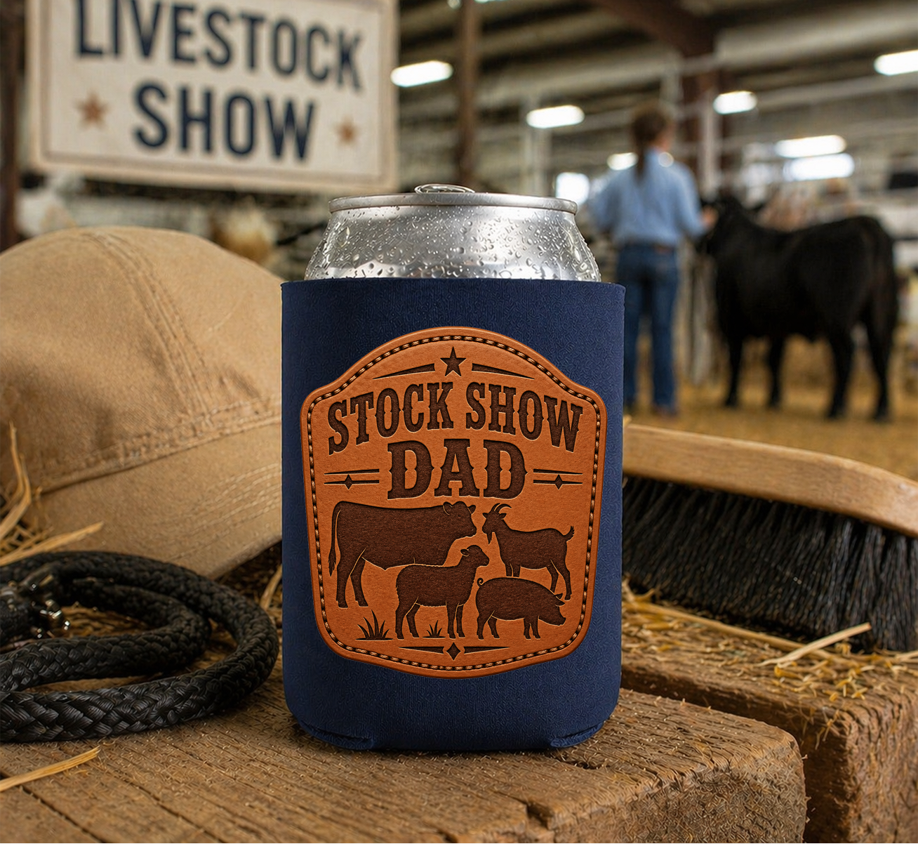 Stock Show Faux Leather Patch DTF Printed Koozie | Double-Sided Livestock Show Can Cooler