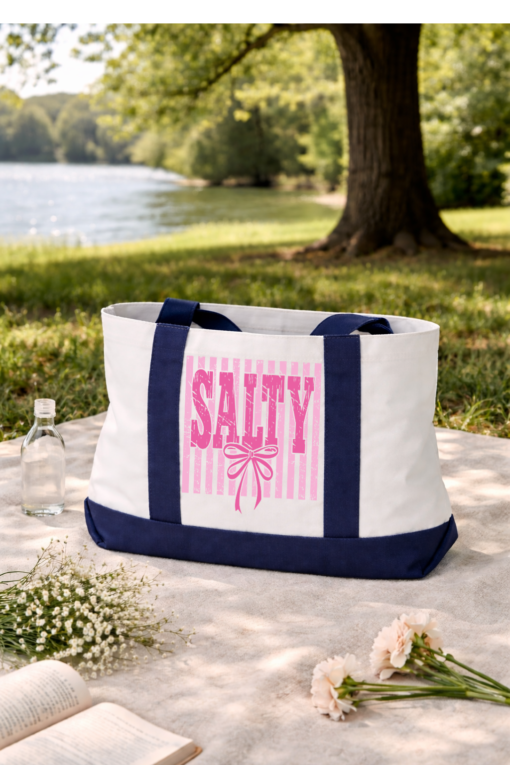 Salty Pink Stripes Tote Bag | Preppy Canvas Beach Tote with Straps | Printed on Both Sides