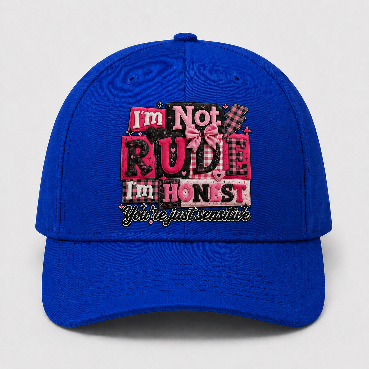 I’m Not Rude I’m Honest Hat, Funny Sarcastic Graphic Cap, Pink Patchwork DTF Print Baseball Hat