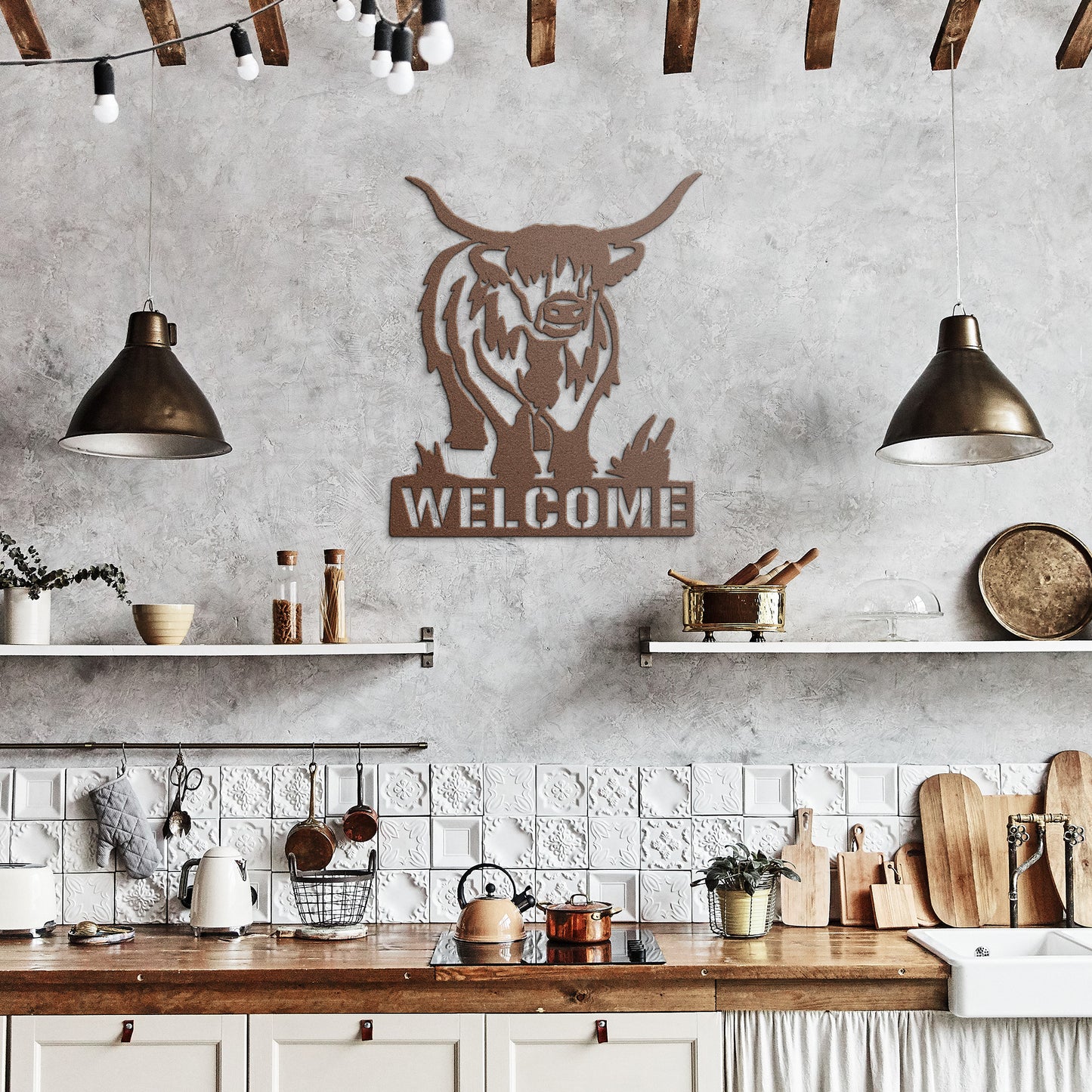 Rustic Highland Cow Metal Art-Welcome Farmhouse Wall Decor