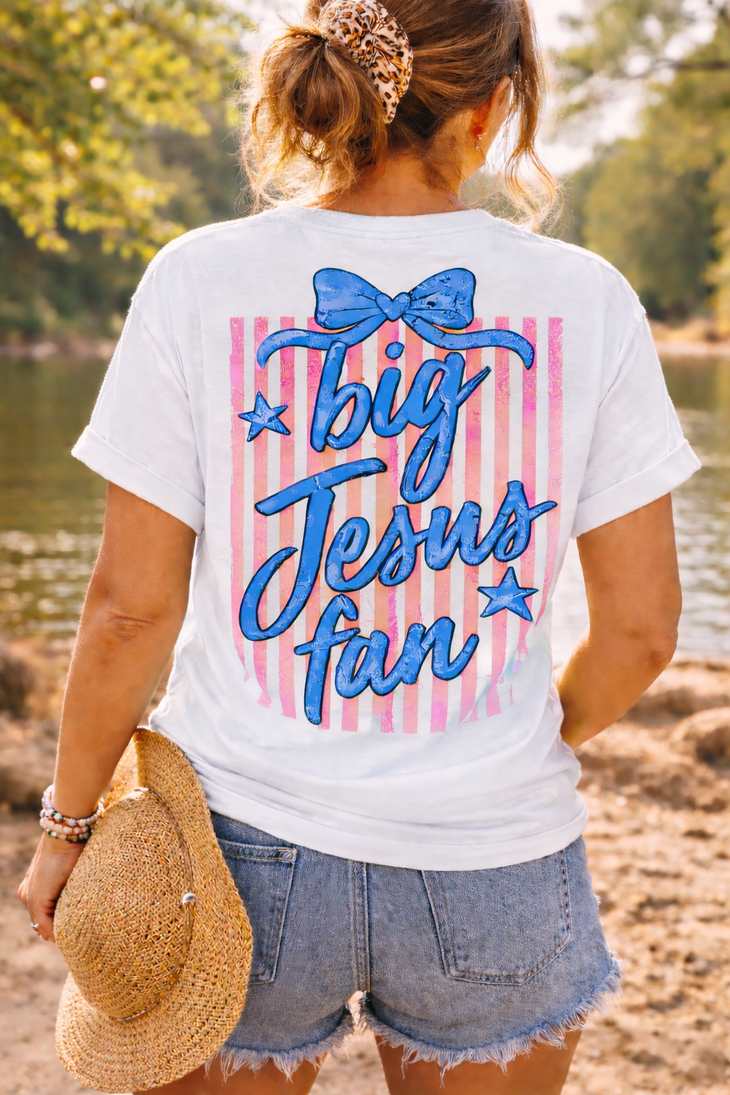 Big Jesus Fan Coquette Christian T-Shirt, Bow Pocket Tee, Faith Graphic Shirt, Front and Back Design Tee, Cute Christian Summer Shirt