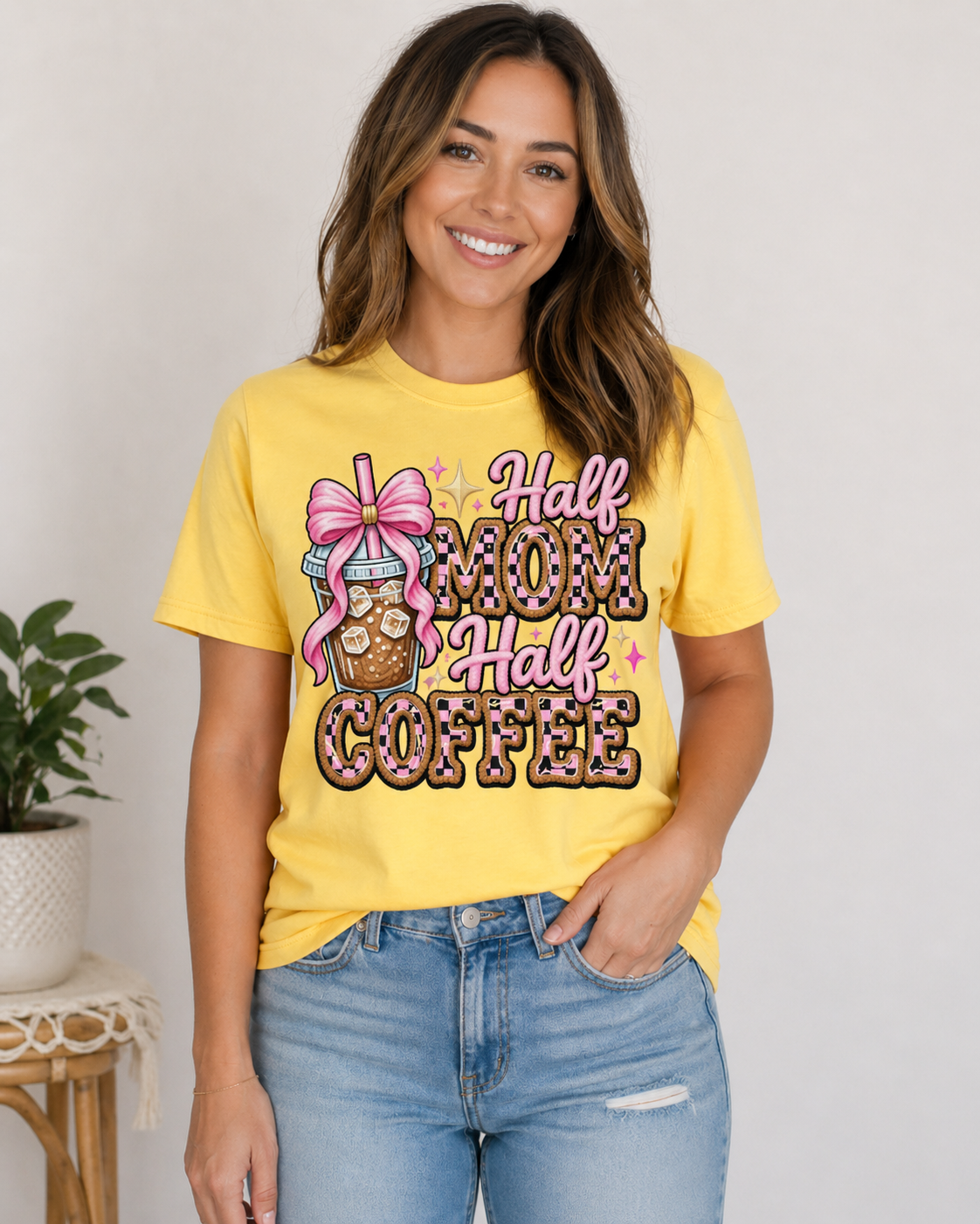 Half Mom Half Coffee Shirt, Cute Iced Coffee Mom Graphic Tee, Coquette Coffee Lover T-Shirt