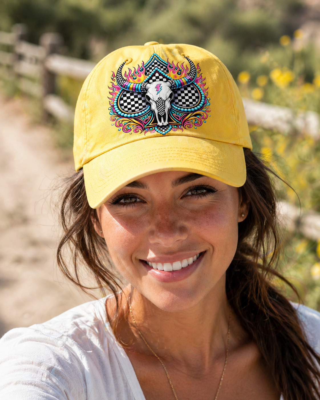 Western Skull Trucker Hat, Neon Longhorn Graphic Cap, Black Checkered Cow Skull Baseball Hat, DTF Print Hat