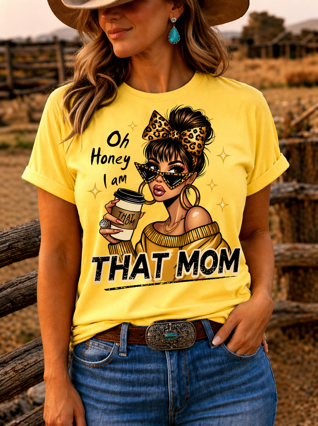 Oh Honey I Am That Mom Graphic Tee – Western Mom Shirt with Leopard Bow Coffee DTF Design
