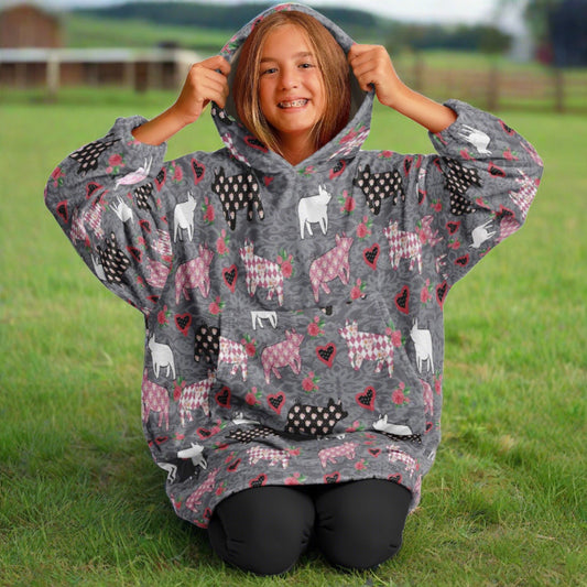 Livestock Show Pig Youth Snoodie - All Over Print Oversized Hoodie -100% Flannel Show Swine