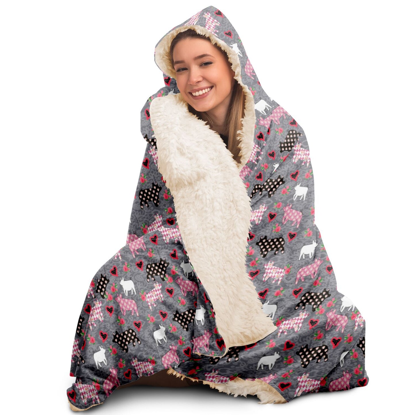 Cute Livestock Show Pigs with Hearts Hooded Blanket -All Over Print Hooded Throw