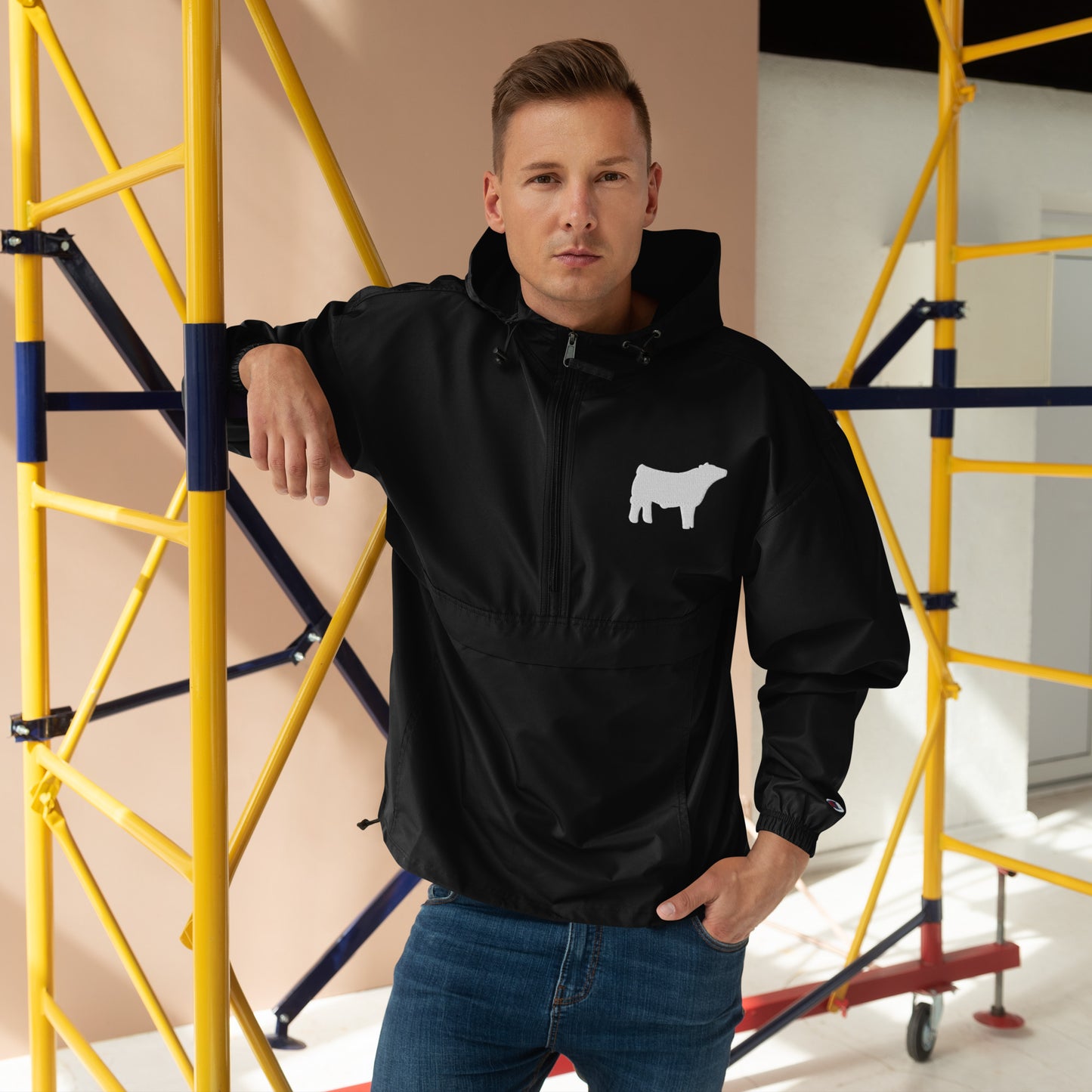 Embroidered Packable Jacket - Livestock Show Charolais Steer - Wash Rack Pullover Jacket