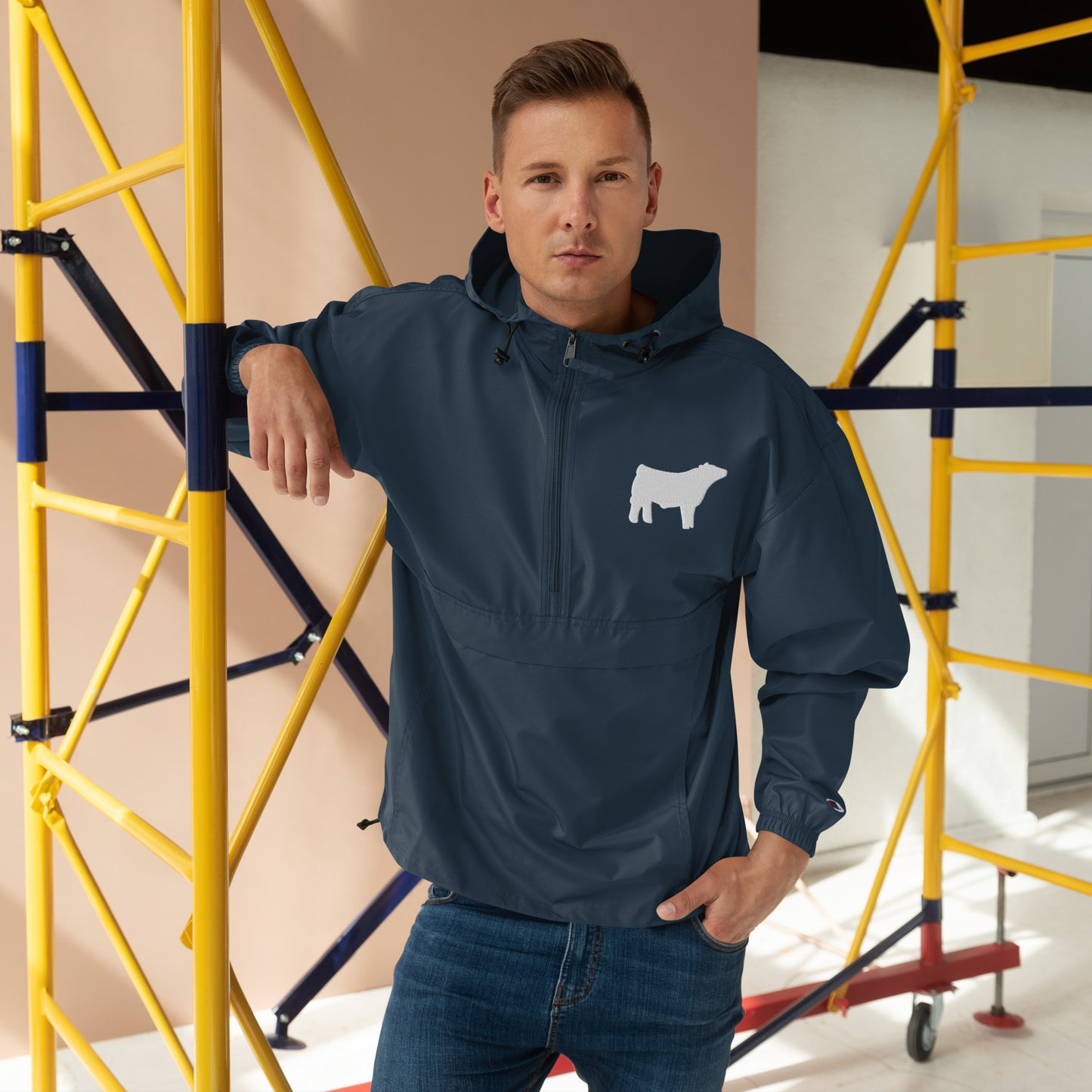 Embroidered Packable Jacket - Livestock Show Charolais Steer - Wash Rack Pullover Jacket