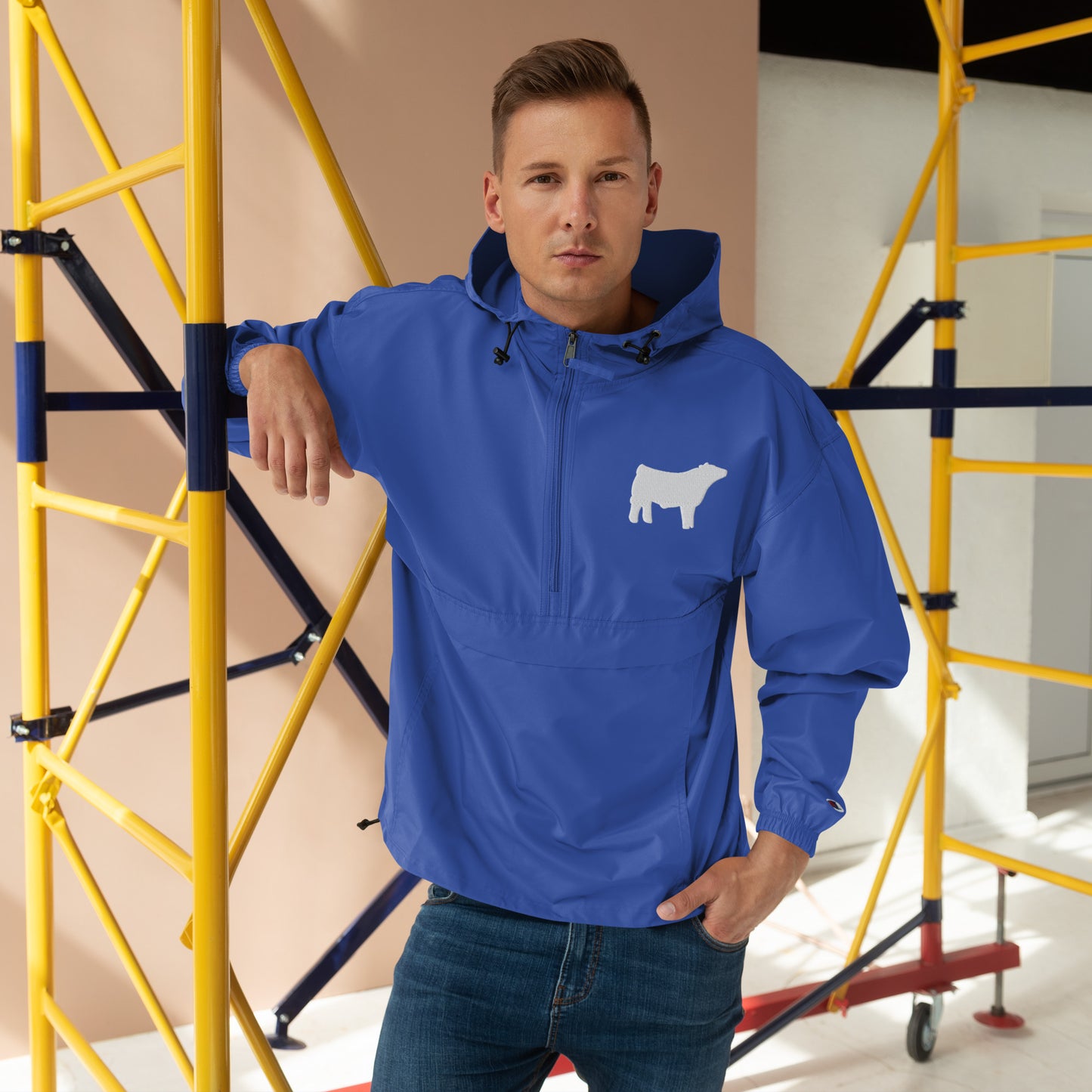 Embroidered Packable Jacket - Livestock Show Charolais Steer - Wash Rack Pullover Jacket
