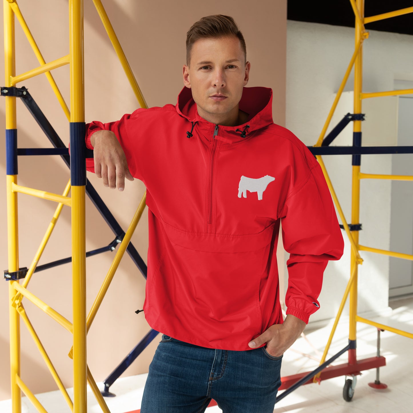 Embroidered Packable Jacket - Livestock Show Charolais Steer - Wash Rack Pullover Jacket