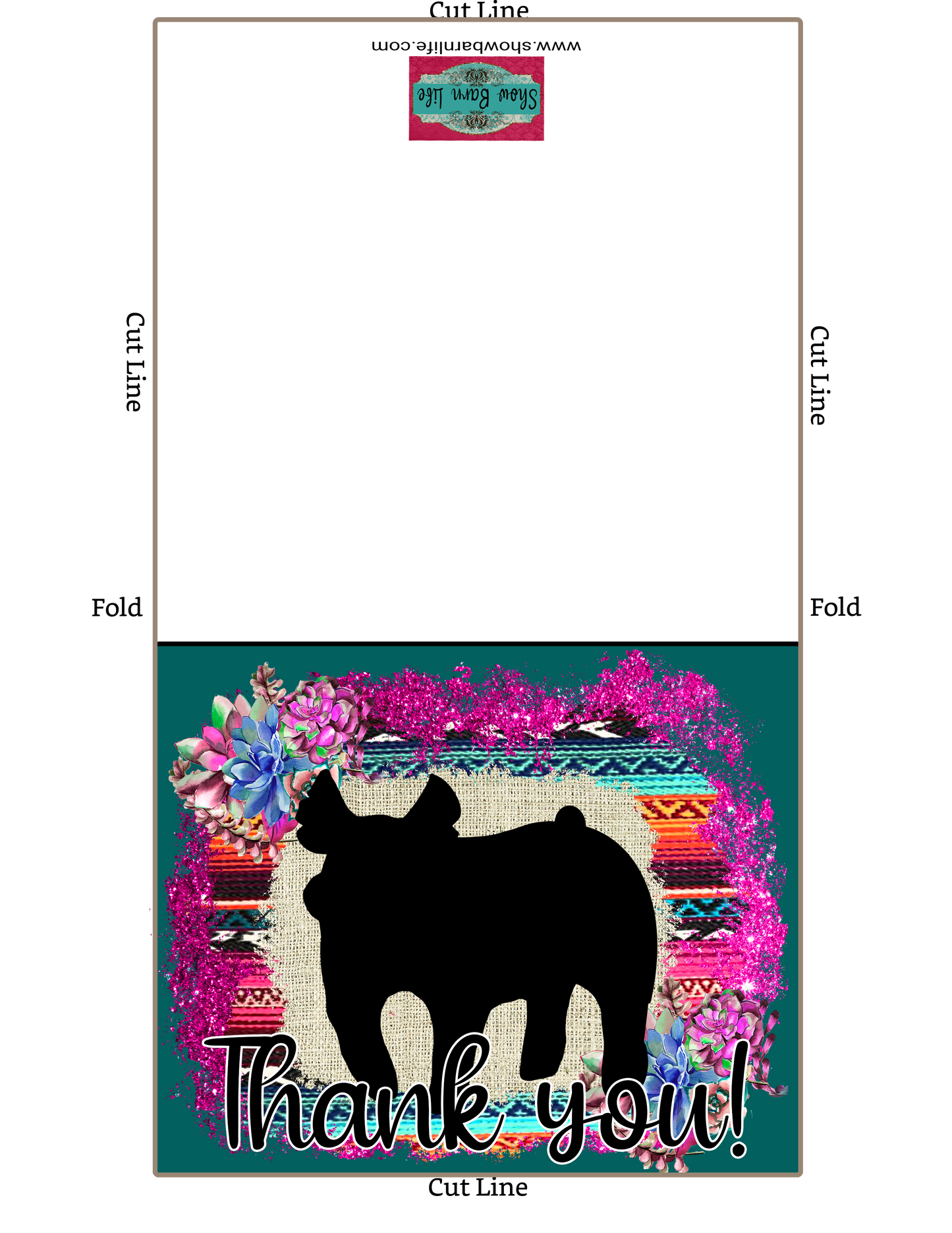 Livestock Show Pig Thank You Printable Card - 4x6-inch Envelope Template - Dark Teal Serape Succulents - Pig Digital Cards