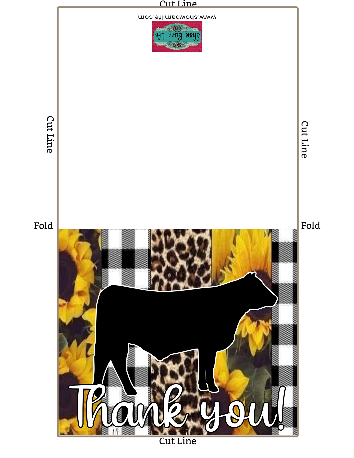 Sunflower Black White Cheetah Livestock Show Steer Thank You Printable Card - 5 x 7" Envelope Template - Cow Digital Cards