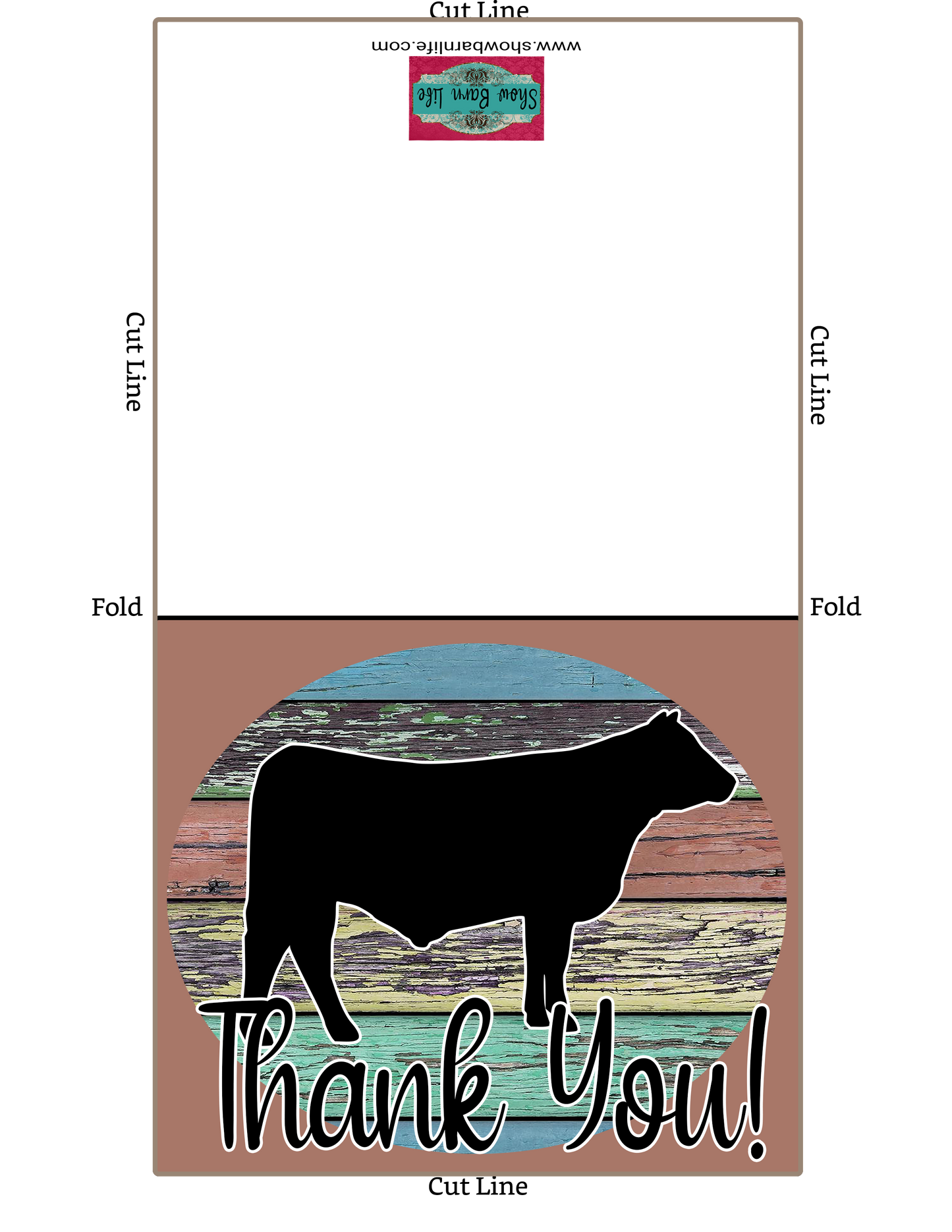 Livestock Show Steer Thank You Printable Card - 4x6-inch Envelope Template - Brown Wood Background - Cow Digital Cards