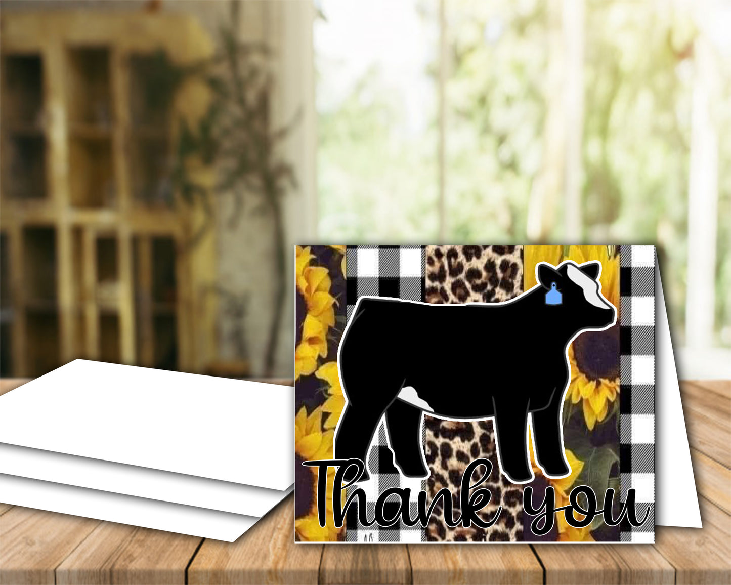 Sunflower Black White Cheetah Livestock Show Heifer Thank You Printable Card - 5 x 7" Envelope Template - Cow Digital Cards