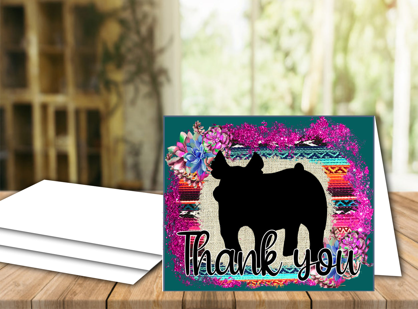 Livestock Show Pig Thank You Printable Card - 4x6-inch Envelope Template - Dark Teal Serape Succulents - Pig Digital Cards