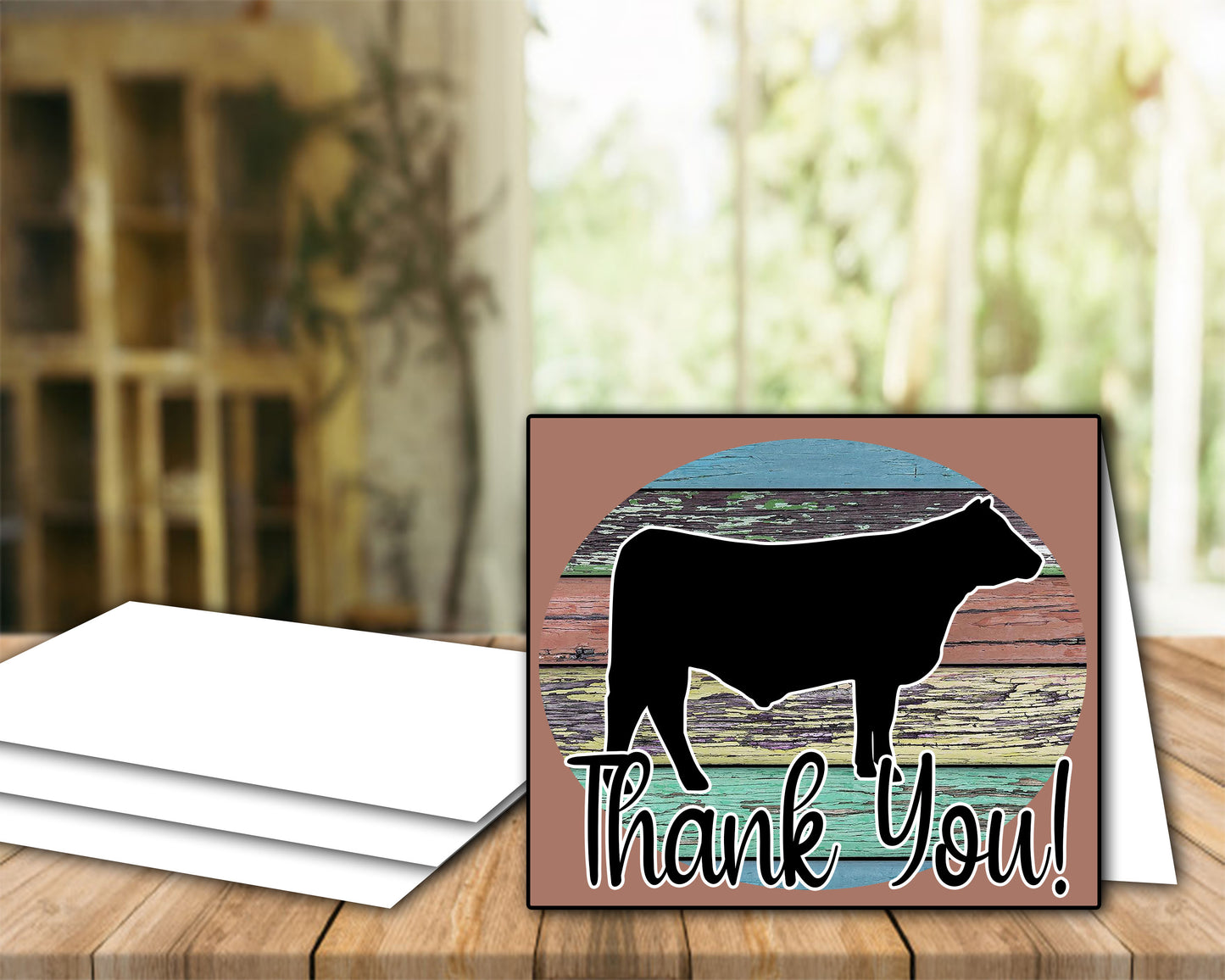 Livestock Show Steer Thank You Printable Card - 4x6-inch Envelope Template - Brown Wood Background - Cow Digital Cards