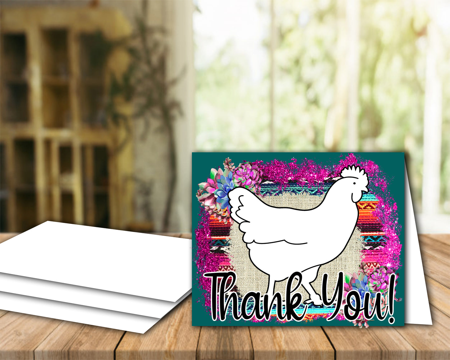 Tarjeta de agradecimiento de espectáculo de ganado - Mostrar aves de corral - Plantilla de sobre de 5 x 7" - Suculentas de sarape de color verde azulado oscuro - Tarjetas digitales de aves de corral