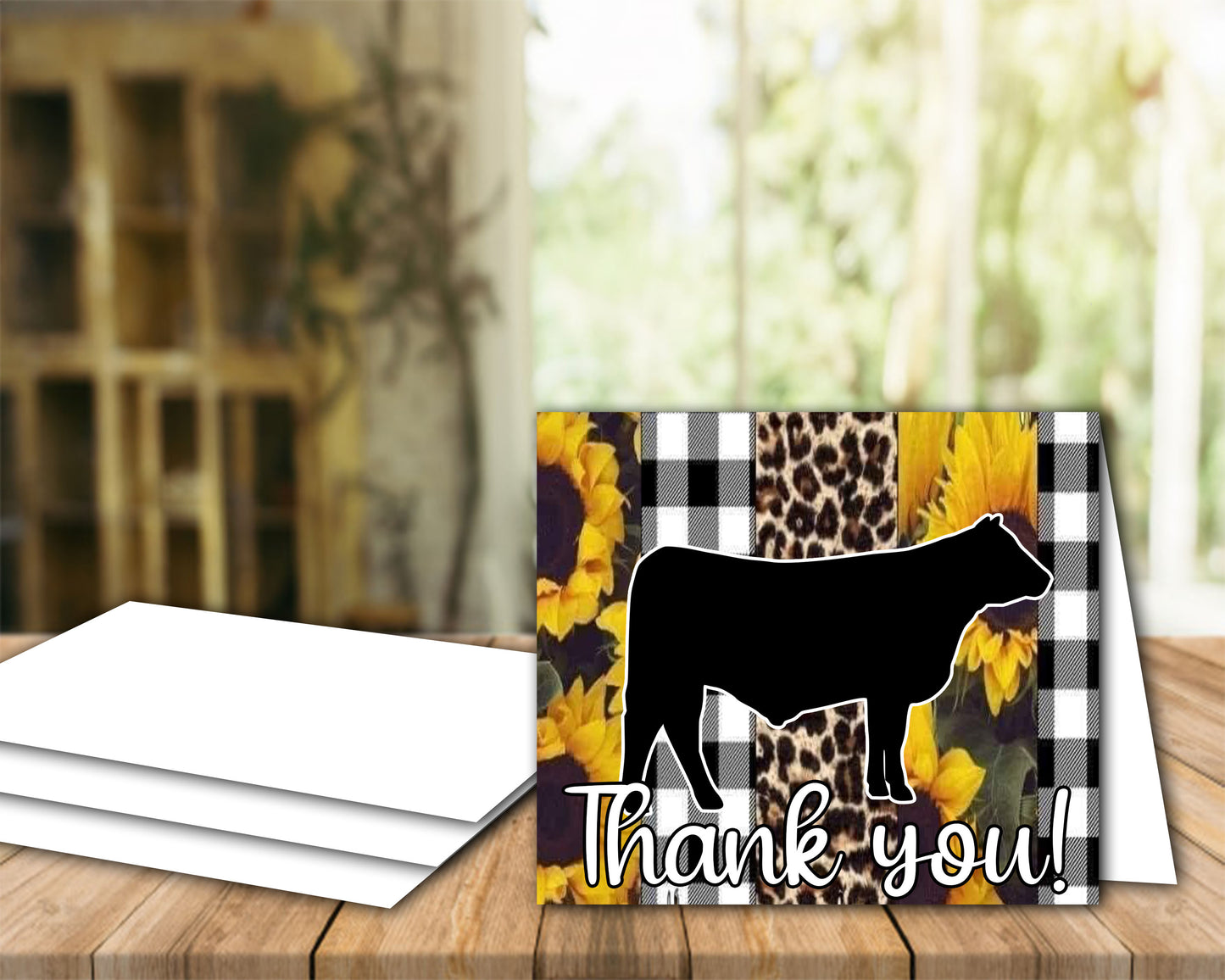 Sunflower Black White Cheetah Livestock Show Steer Thank You Printable Card - 5 x 7" Envelope Template - Cow Digital Cards