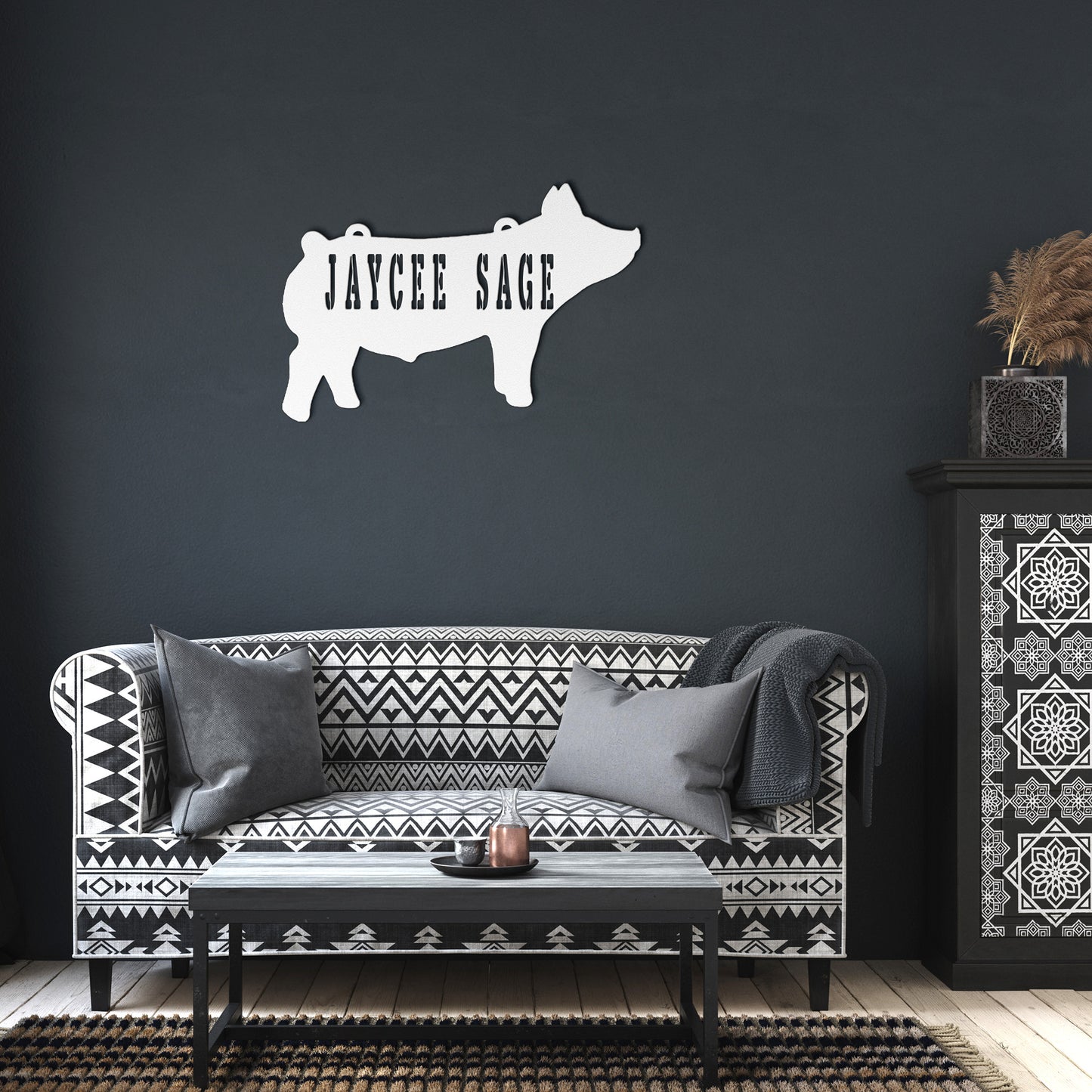 Nombre Perforado Ganado Show Pig Metal Art, Show Swine Wall Art