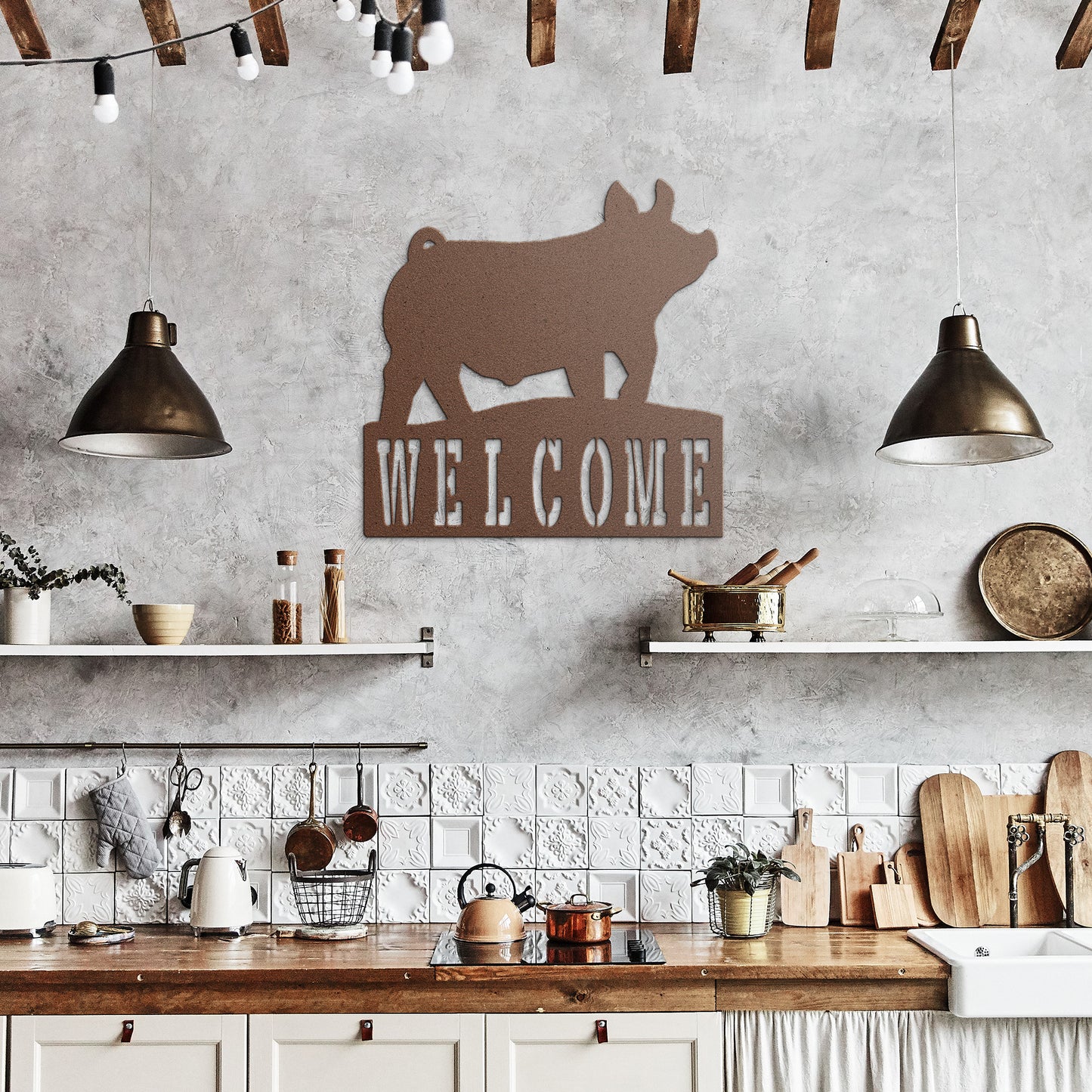 Bienvenido letrero de metal con recubrimiento en polvo-Cerdo - Arte de pared - Letrero de metal cortado por plasma