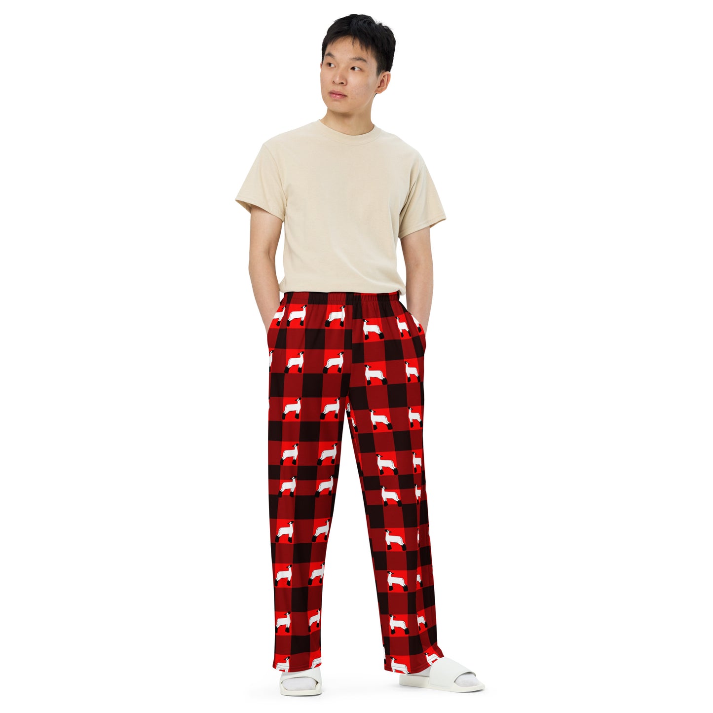 Red Black Plaid Livestock Show Lamb All-Over Print Unisex Wide-Leg Pants - Show Sheep - Pajama Pant, Casual Pant - 2XS-6XL Sizes