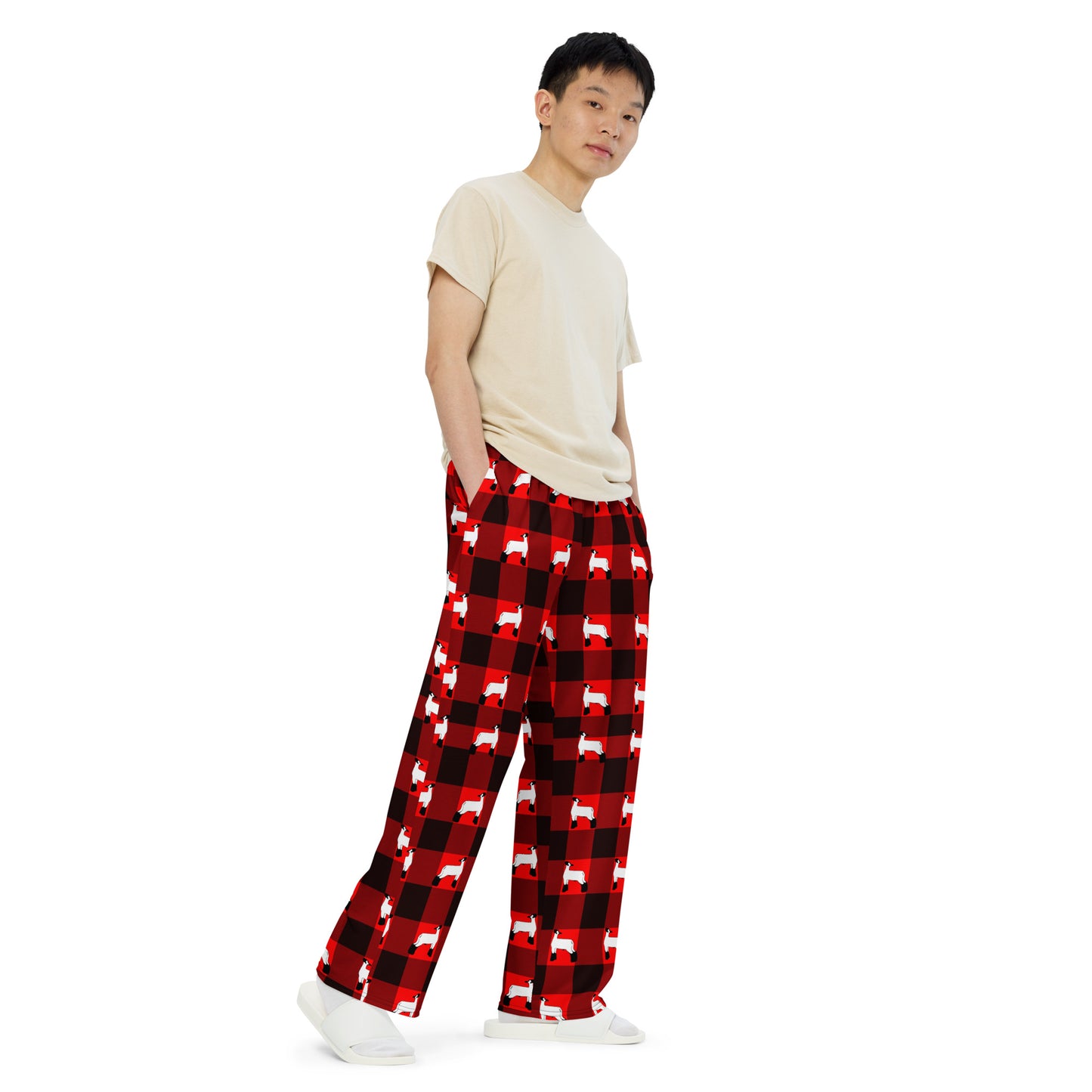 Red Black Plaid Livestock Show Lamb All-Over Print Unisex Wide-Leg Pants - Show Sheep - Pajama Pant, Casual Pant - 2XS-6XL Sizes