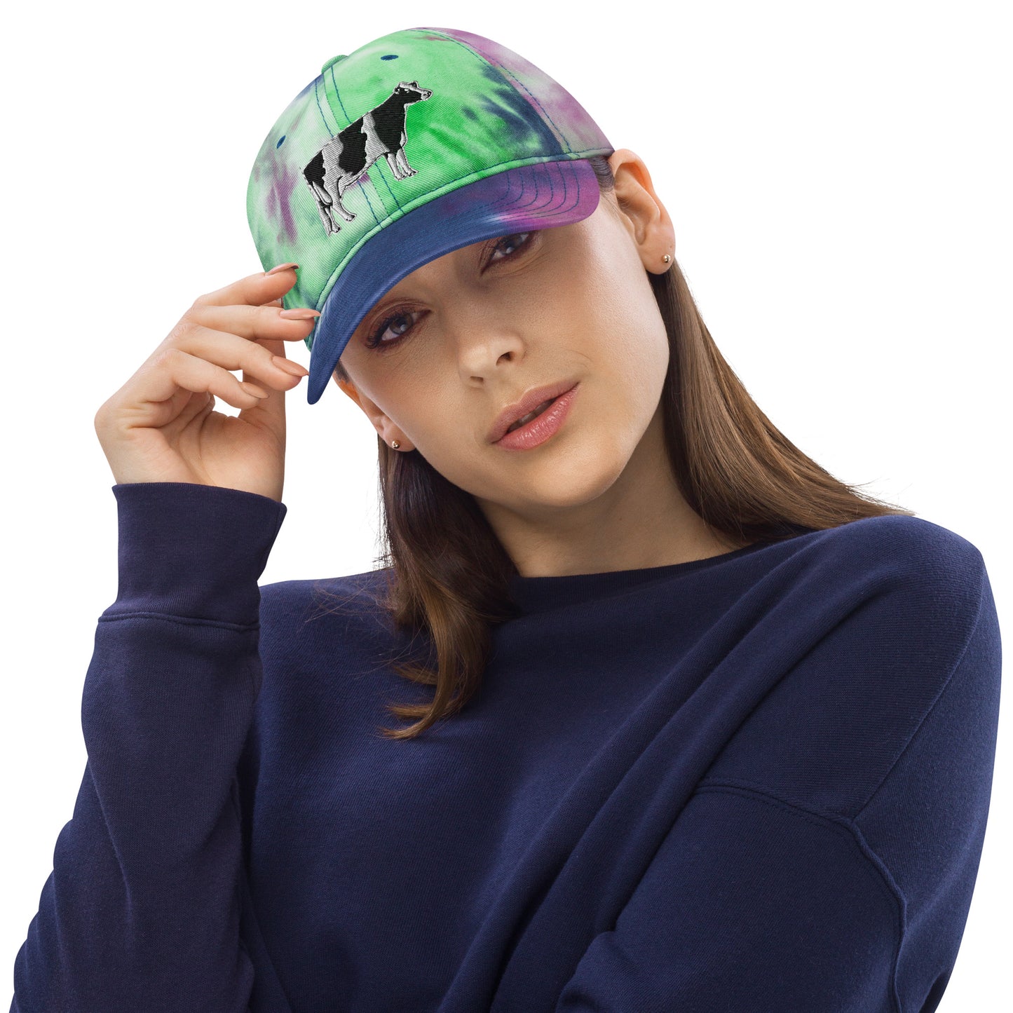 Black White Holstein Cow Tie Dye Hat - Dairy Cow - USA Flag Design on Back - Embroidered