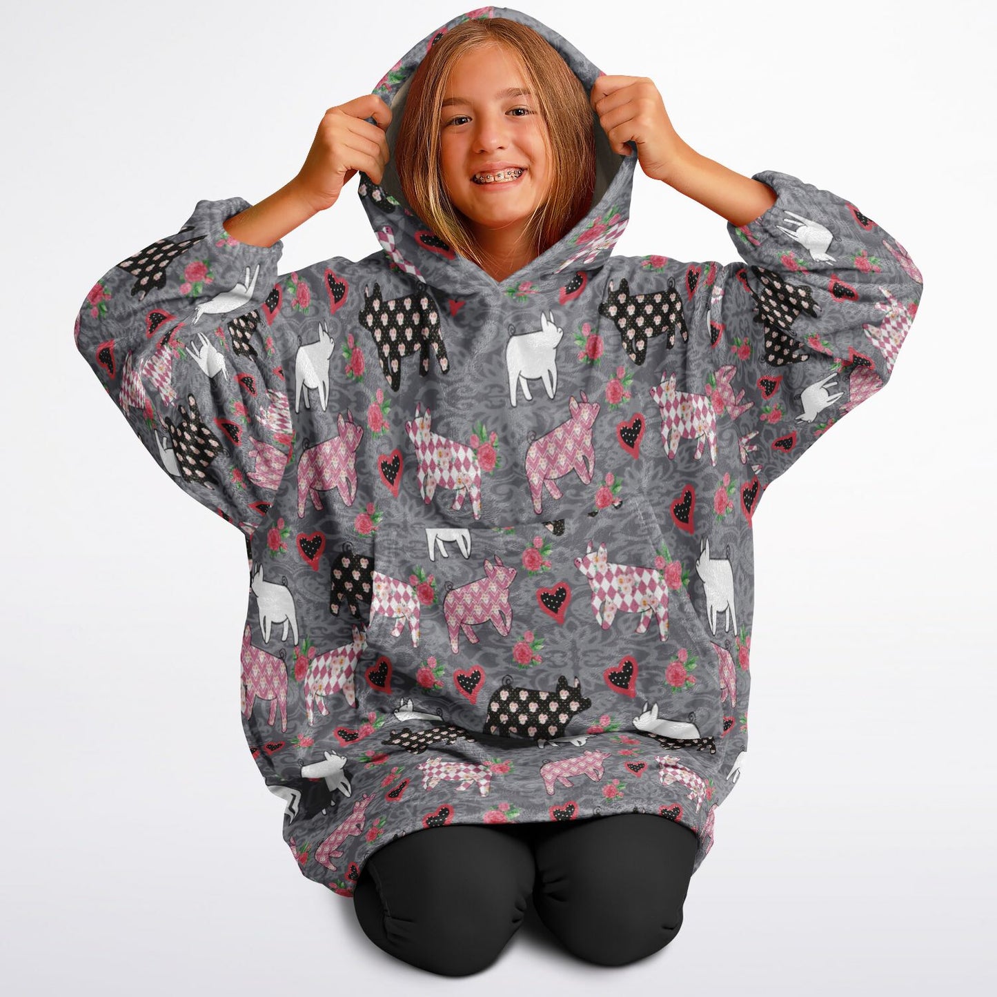 Livestock Show Pig Youth Snoodie - All Over Print Oversized Hoodie -100% Flannel Show Swine