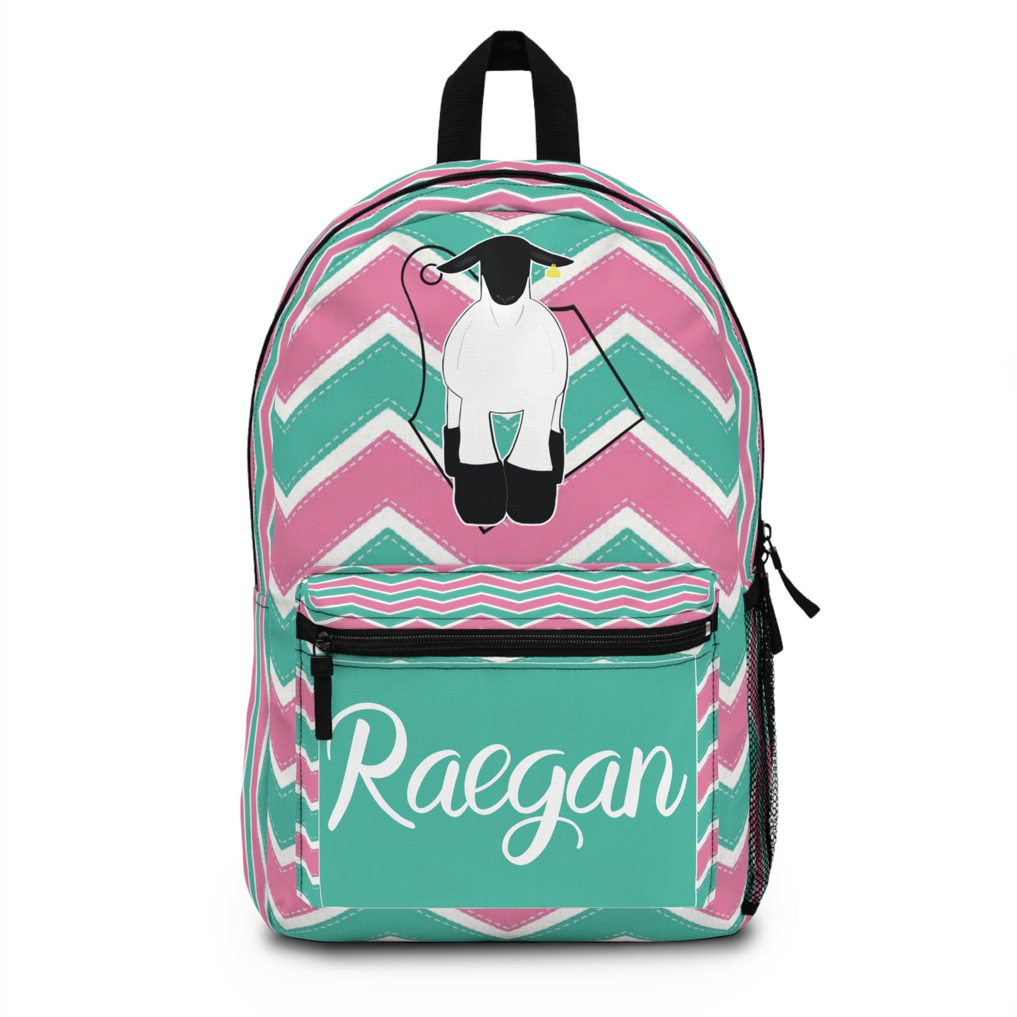 Personalized Pink & Teal Chevron Backpack with Cute Show Lamb Design, School Bag, Travel Pack, Custom Name Bag, Back-to-School Pack