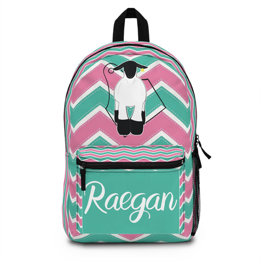 Personalized Pink & Teal Chevron Backpack with Cute Show Lamb Design, School Bag, Travel Pack, Custom Name Bag, Back-to-School Pack