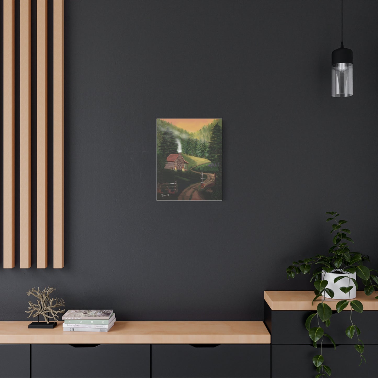 Cabin off the Road Hand-Drawn Canvas Art | Matte Canvas, Stretched, 1.25" | Dark Moody Colors