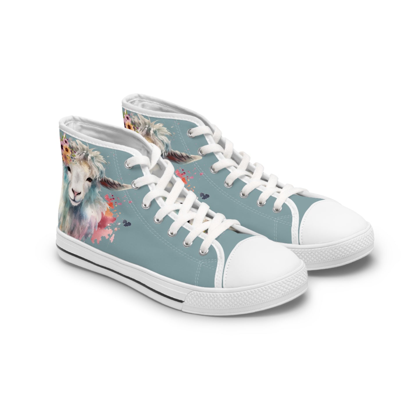 Watercolor Angora Goat with Flowers Ladies High-Top Sneakers, Livestock Show Angora Goat Shoes