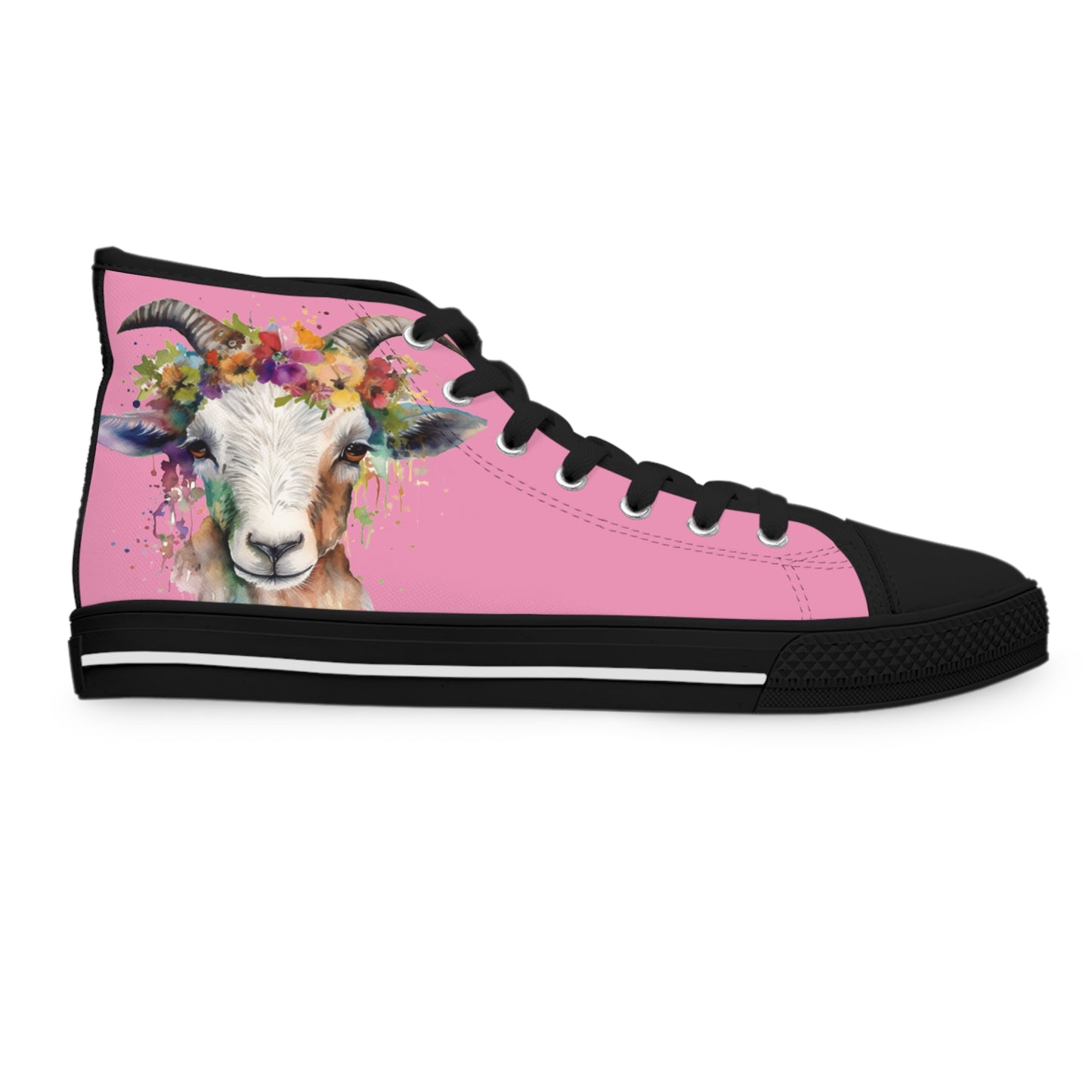 Watercolor Livestock Show Goat with Flowers Ladies High-Top Sneakers, Livestock Show Goat Shoes