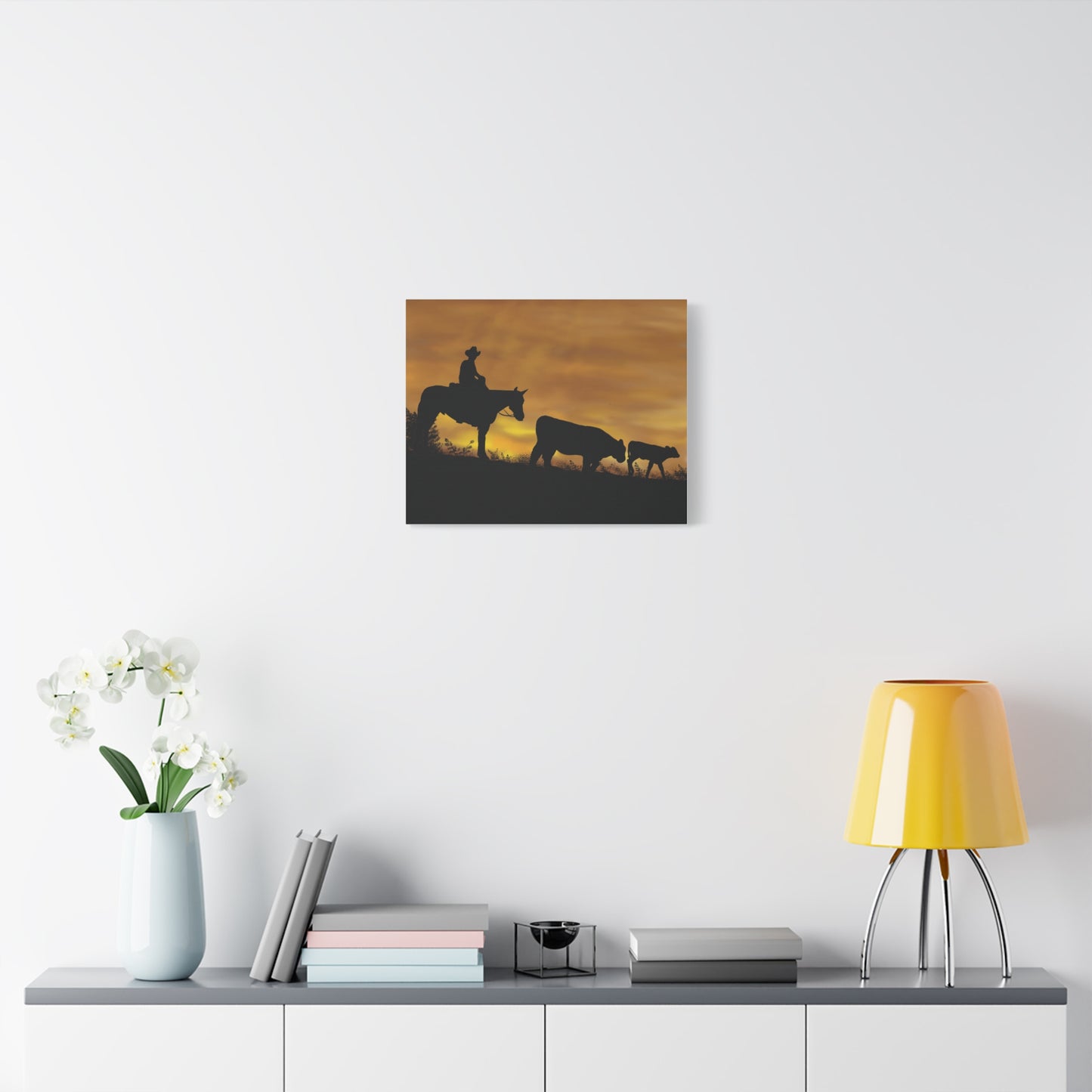 Last of the Day Hand-Drawn Canvas Art | Matte Canvas, Stretched, 1.25" | Sunset Landscape Cows