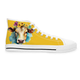 Watercolor Cow with Flowers Ladies High-Top Sneakers, Livestock Show Cattle Shoes, Cow Lovers Sneakers