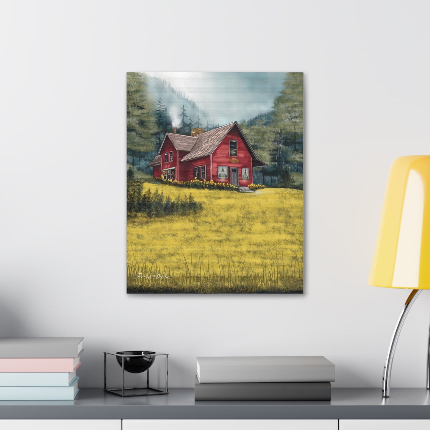 The Red House on the Hill | Hand-drawn Canvas Art | Hand-stretched Canvas on Pine Frame | Artist Teresa Davis