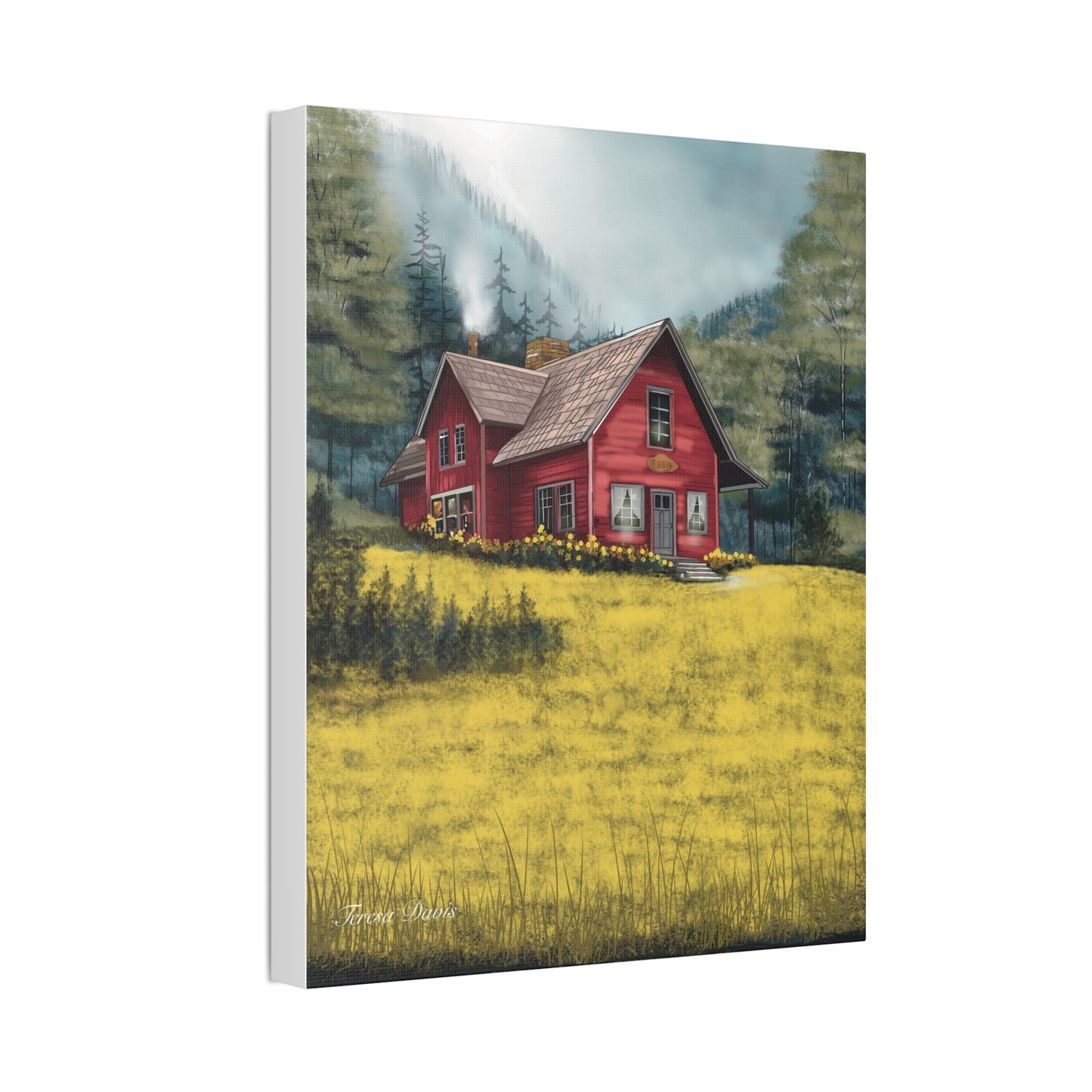 The Red House on the Hill | Hand-drawn Canvas Art | Hand-stretched Canvas on Pine Frame | Artist Teresa Davis