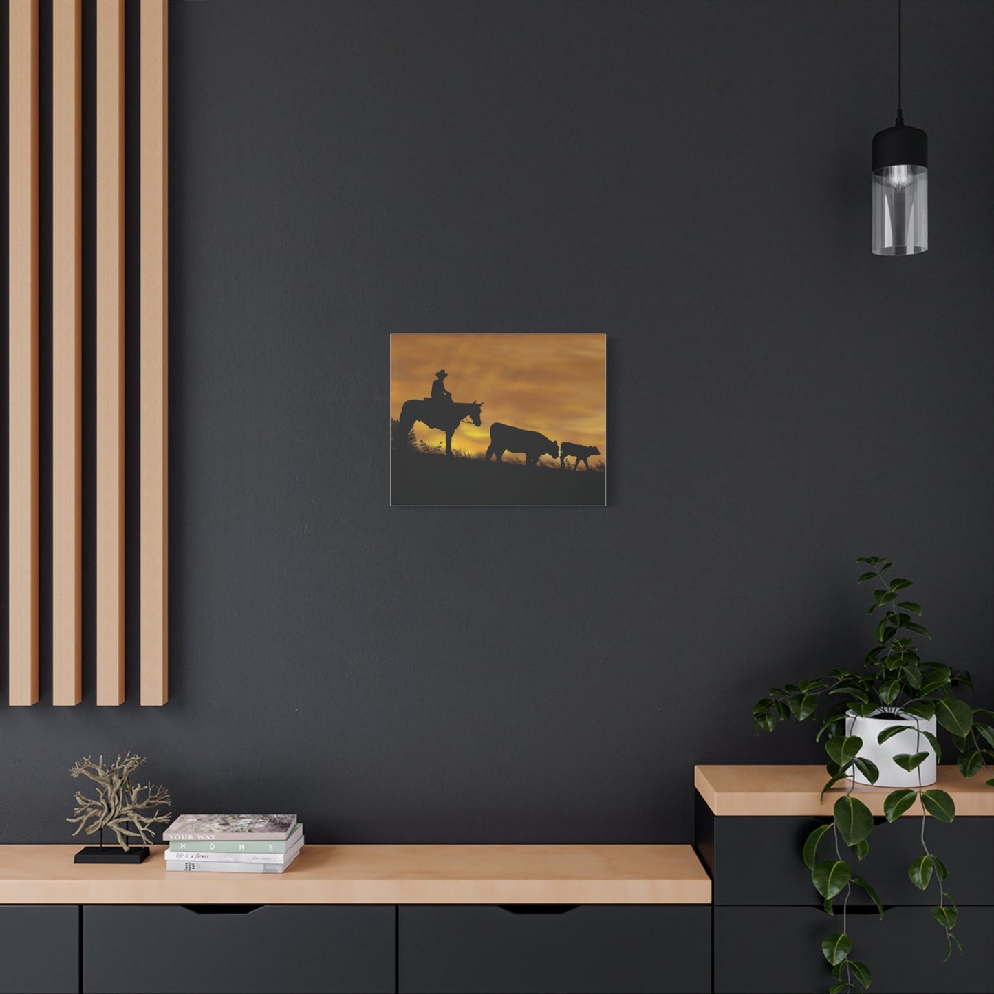 Last of the Day Hand-Drawn Canvas Art | Matte Canvas, Stretched, 1.25" | Sunset Landscape Cows