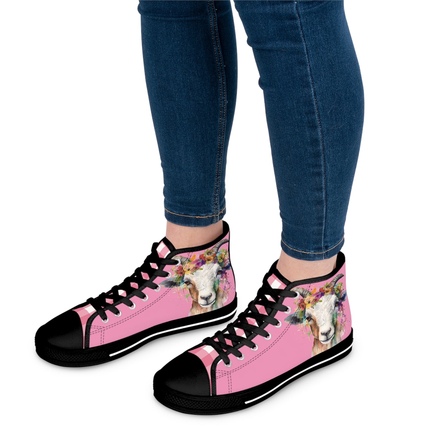 Watercolor Livestock Show Goat with Flowers Ladies High-Top Sneakers, Livestock Show Goat Shoes