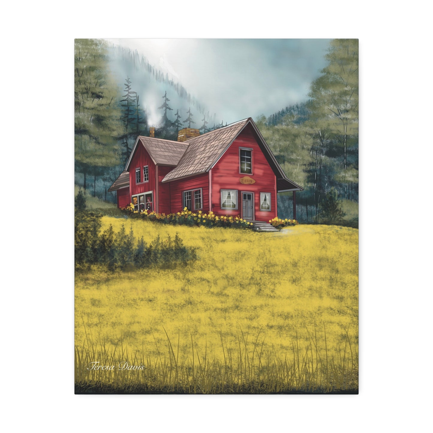 The Red House on the Hill | Hand-drawn Canvas Art | Hand-stretched Canvas on Pine Frame | Artist Teresa Davis