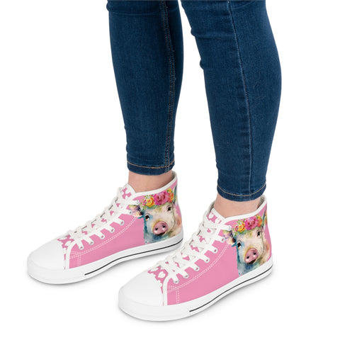 Watercolor Pig with Flowers Ladies High-Top Sneakers, Livestock Show Swine Shoes, Pig Lovers Sneakers