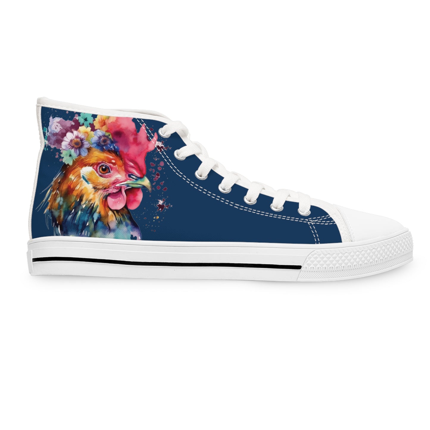 Watercolor Chicken with Flowers Ladies High-Top Sneakers, Livestock Show Poultry Shoes, Chicken Lovers Sneakers