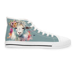 Watercolor Angora Goat with Flowers Ladies High-Top Sneakers, Livestock Show Angora Goat Shoes