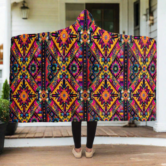 Vivid Colors of Aztec Indian Design Hooded Blanket - All Over Print Sherpa-lined Hooded Throw