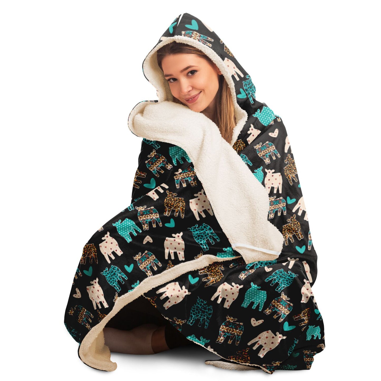 Livestock Show Cows with Hearts Hooded Blanket - AOP