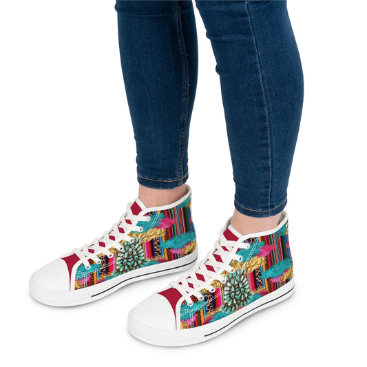 Turquoise, Floral, Cheetah Ladies High-Top Sneakers, Livestock Show Shoes