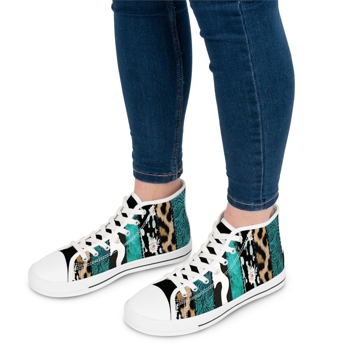 Turquoise, Floral, Cheetah, Faux Leather, and Cowhide Ladies High-Top Sneakers, Livestock Show Shoes